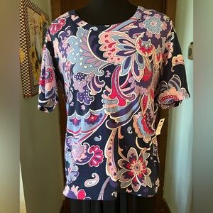 Talbots Short Sleeve Paisley Tee in Navy & Light Blue, Pink, Purple, and White